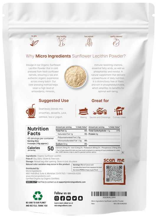 Micro Ingredients Sunflower Lecithin Powder bottle and scoop supports smooth shakes