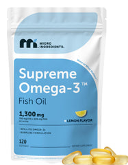 Micro Ingredients Supreme Omega-3 bottle with burpless softgels for easy daily use.