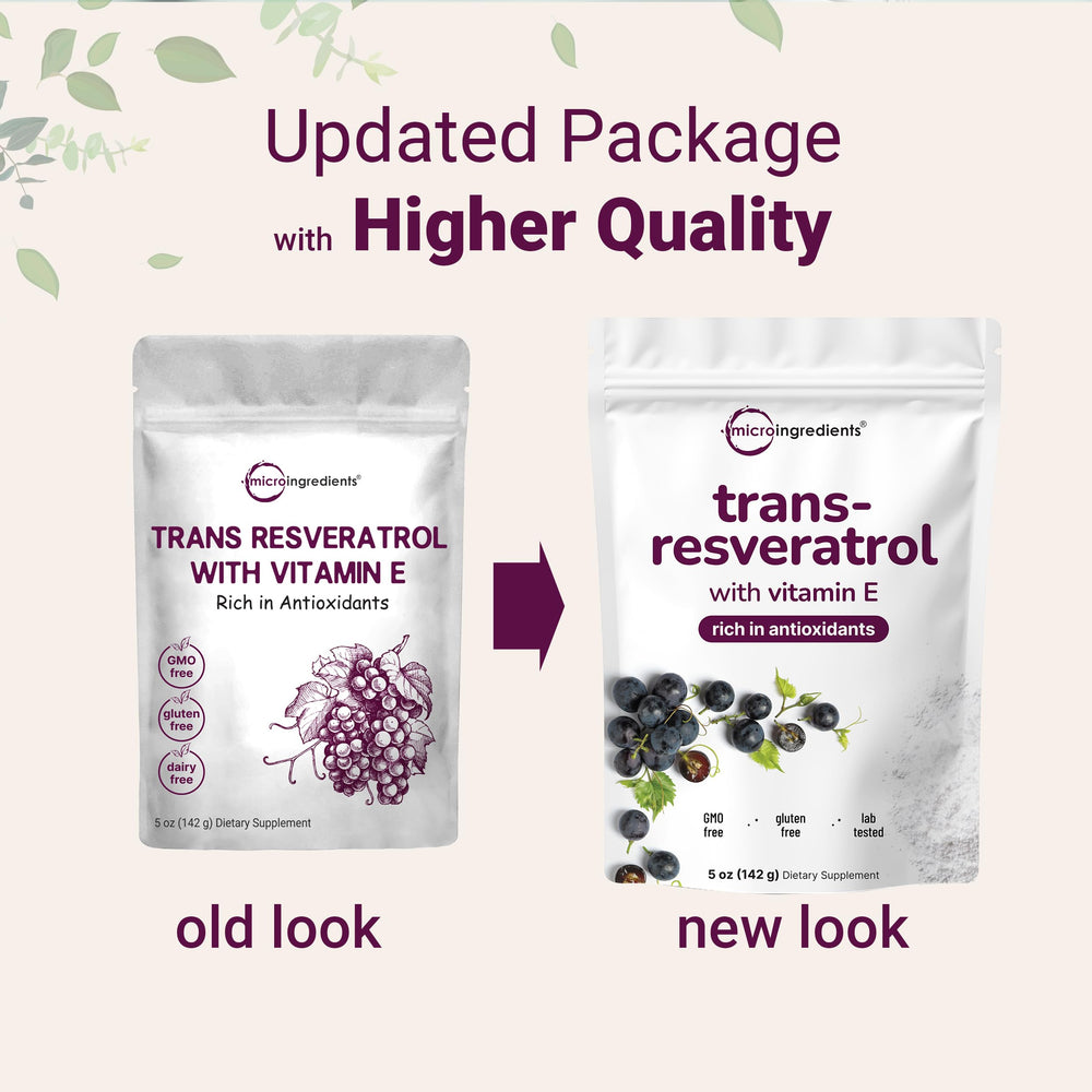 Micro Ingredients Trans-Resveratrol powder with Vitamin E label highlights 2-in-1 formula