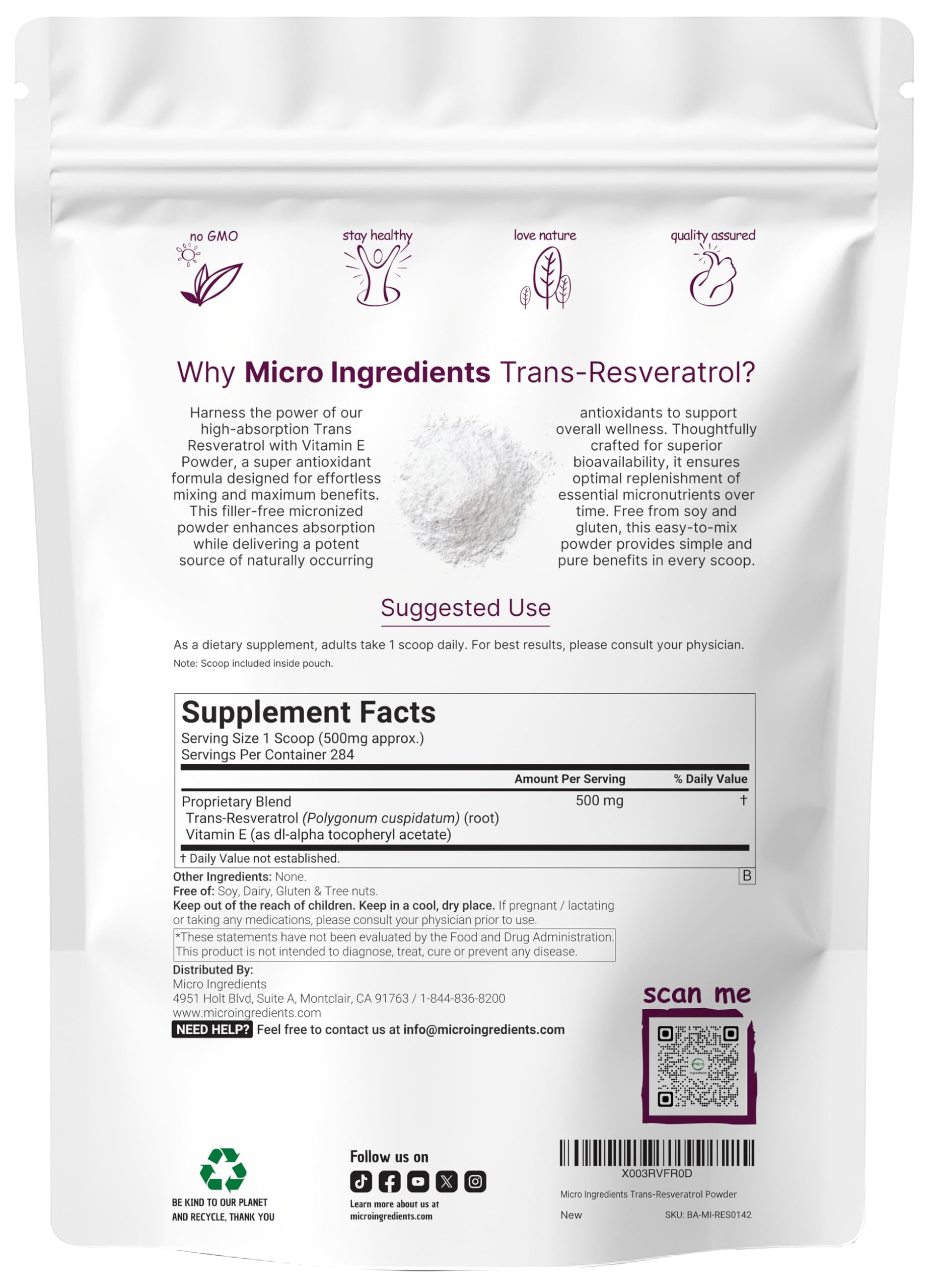 Micro Ingredients Trans-Resveratrol powder scoop measures servings for easy daily use