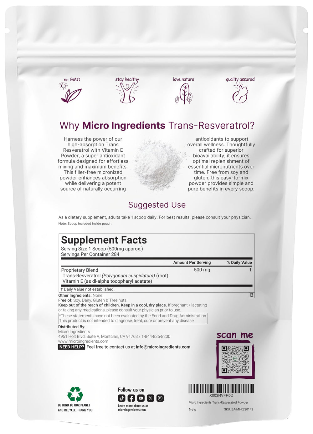 Micro Ingredients Trans-Resveratrol powder scoop measures servings for easy daily use