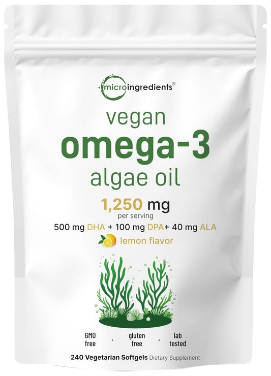 Micro Ingredients vegan omega-3 algae oil lemon softgels in pouch for daily use