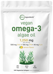 Micro Ingredients vegan omega-3 algae oil lemon softgels in pouch for daily use