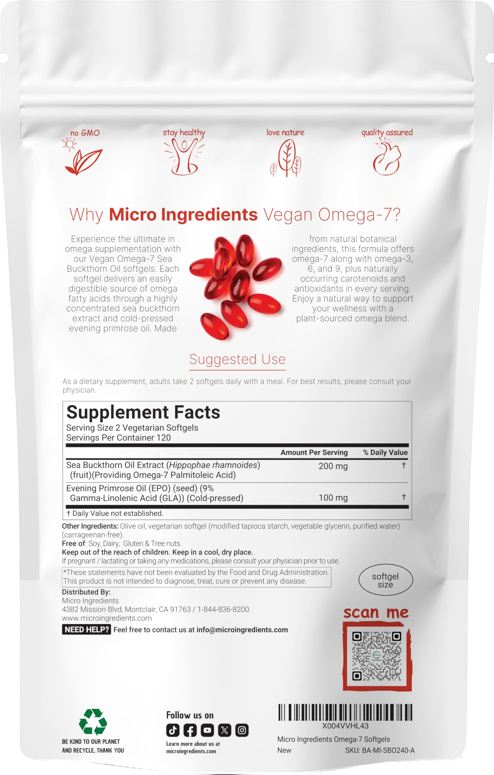 Micro Ingredients vegan omega-7 sea buckthorn oil softgels pack for convenient daily use