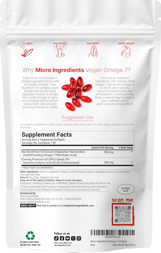 Micro Ingredients vegan omega-7 sea buckthorn oil softgels pack for convenient daily use