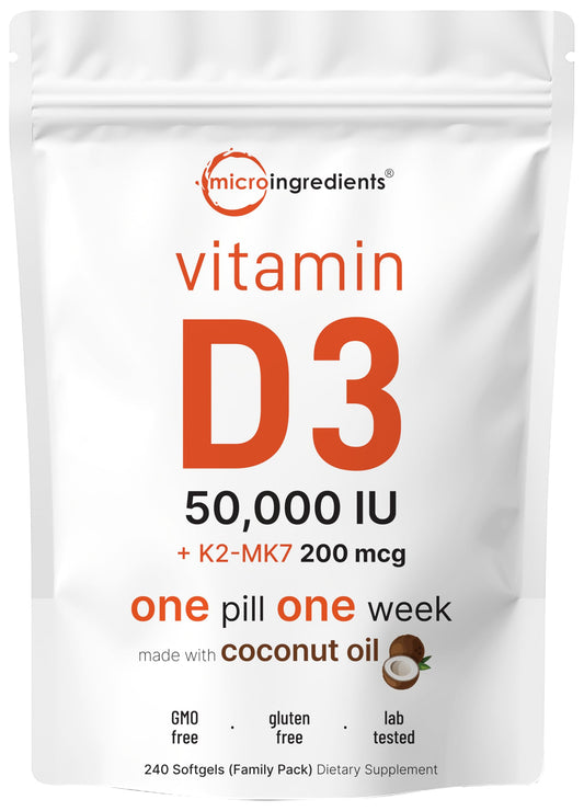 Micro Ingredients Vitamin D3 + K2 bottle with 240 softgels for weekly bone support.