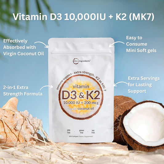 Micro Ingredients D3 + K2 softgels with coconut oil carrier for absorption.