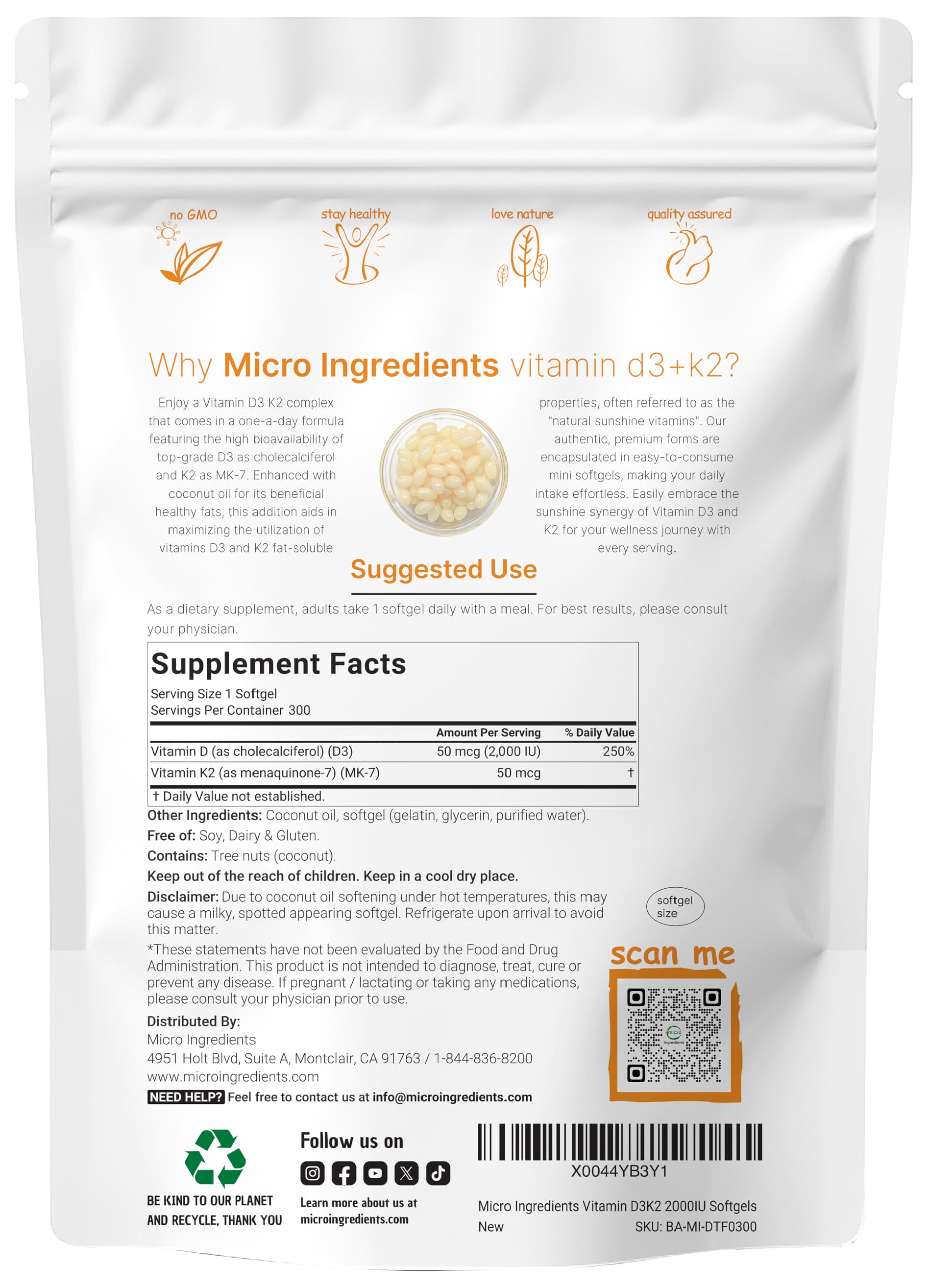 Micro Ingredients Vitamin D3 K2 softgels being poured for convenient daily intake.