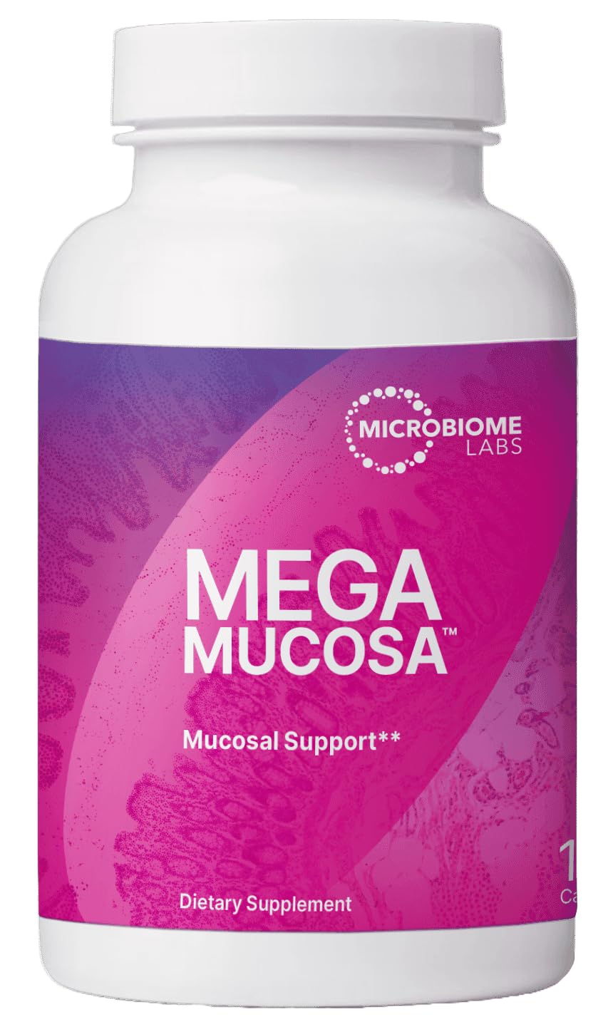 MegaMucosa bottle front by Microbiome Labs signals comprehensive gut mucosal support