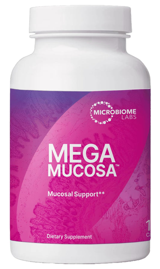 MegaMucosa bottle front by Microbiome Labs signals comprehensive gut mucosal support
