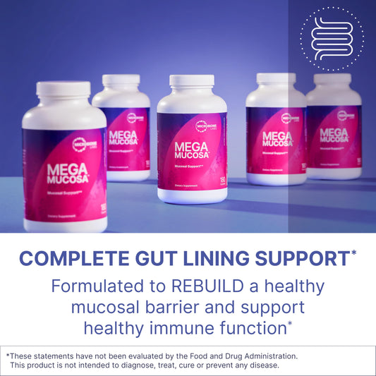 MegaMucosa capsules closeup highlights amino acids for mucosal health