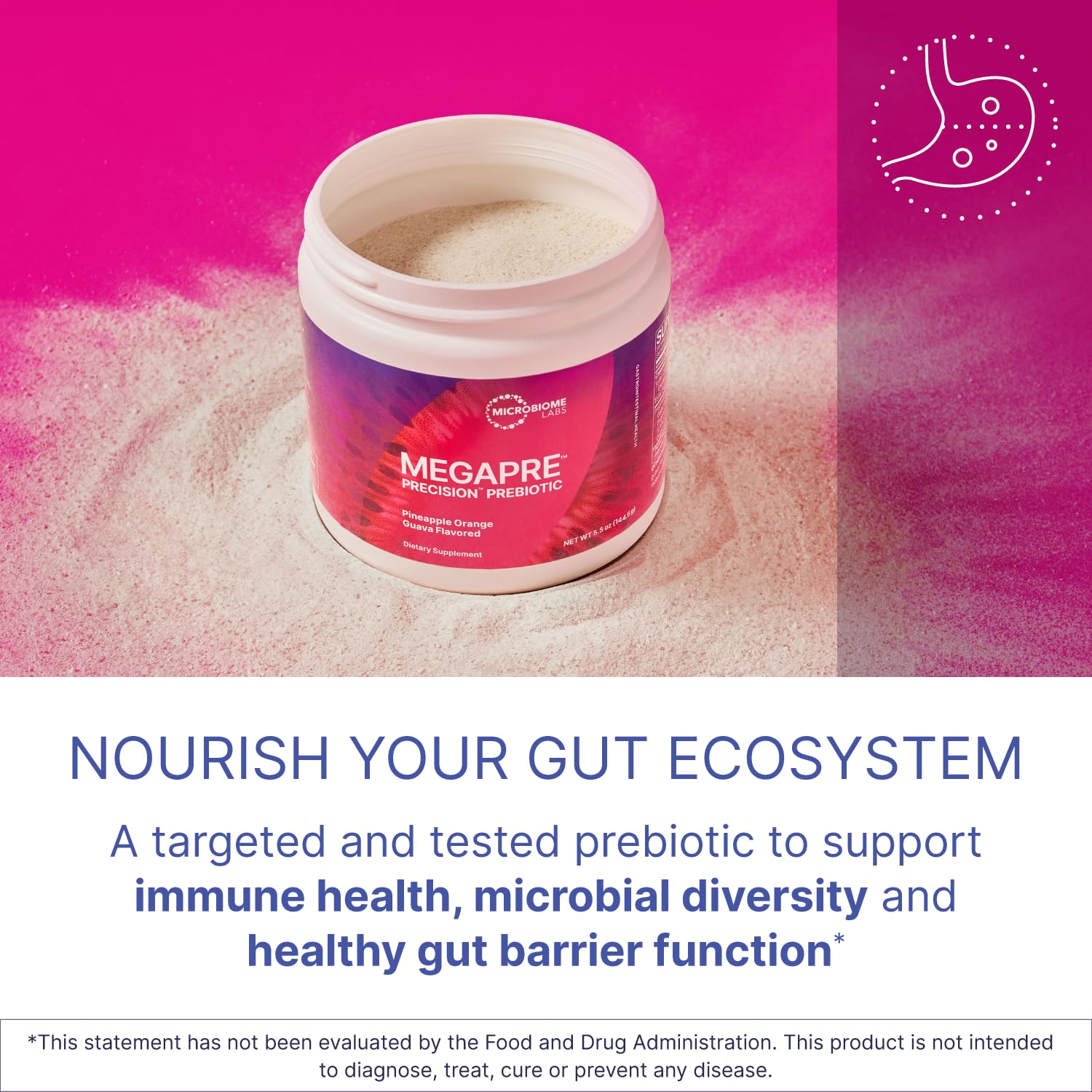 MegaPre scoop measures the powder for precise daily prebiotic fiber intake.