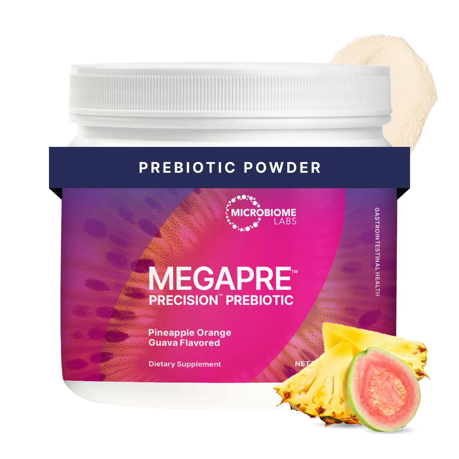 Microbiome Labs MegaPre pineapple-orange-guava jar showing flavor-rich prebiotic powder for daily gut support.