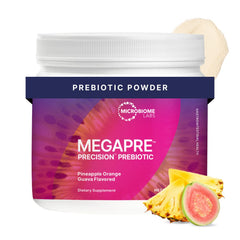 Microbiome Labs MegaPre pineapple-orange-guava jar showing flavor-rich prebiotic powder for daily gut support.