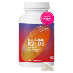 Microbiome Labs MegaQuin D3K2 bottle front highlighting high potency bone and heart support