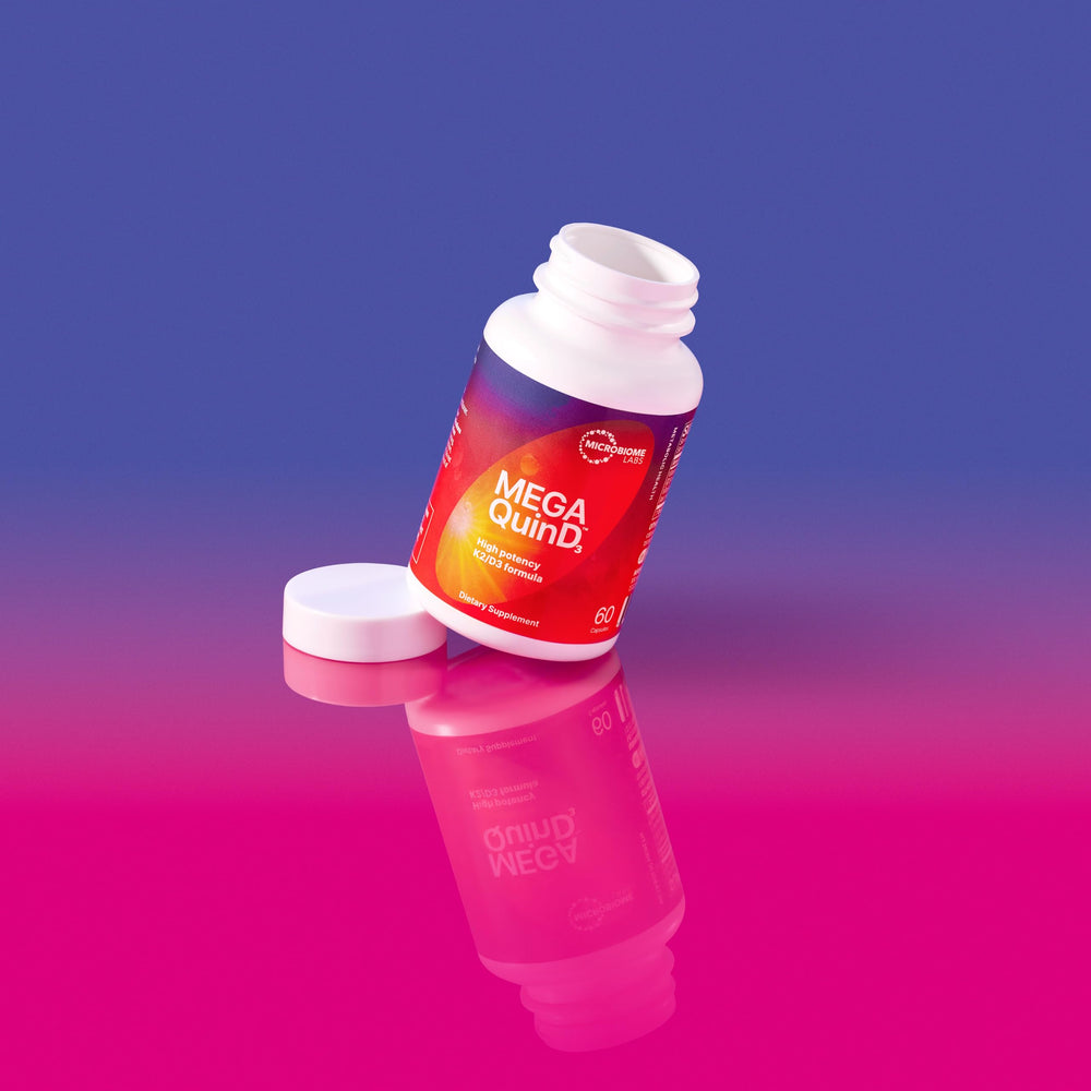 Microbiome Labs MegaQuin D3K2 capsules closeup showing bioactive D3 and MK-7