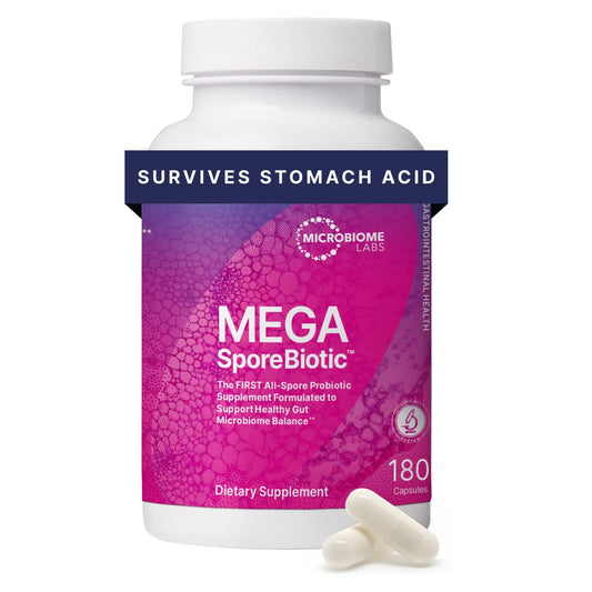 Microbiome Labs MegaSporeBiotic bottle front for overall gut health support.