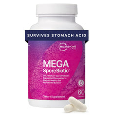 MegaSporeBiotic bottle front by Microbiome Labs for daily gut support on the go.