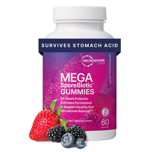 Microbiome Labs MegaSporeBiotics Gummies berry front view for daily gut-friendly support