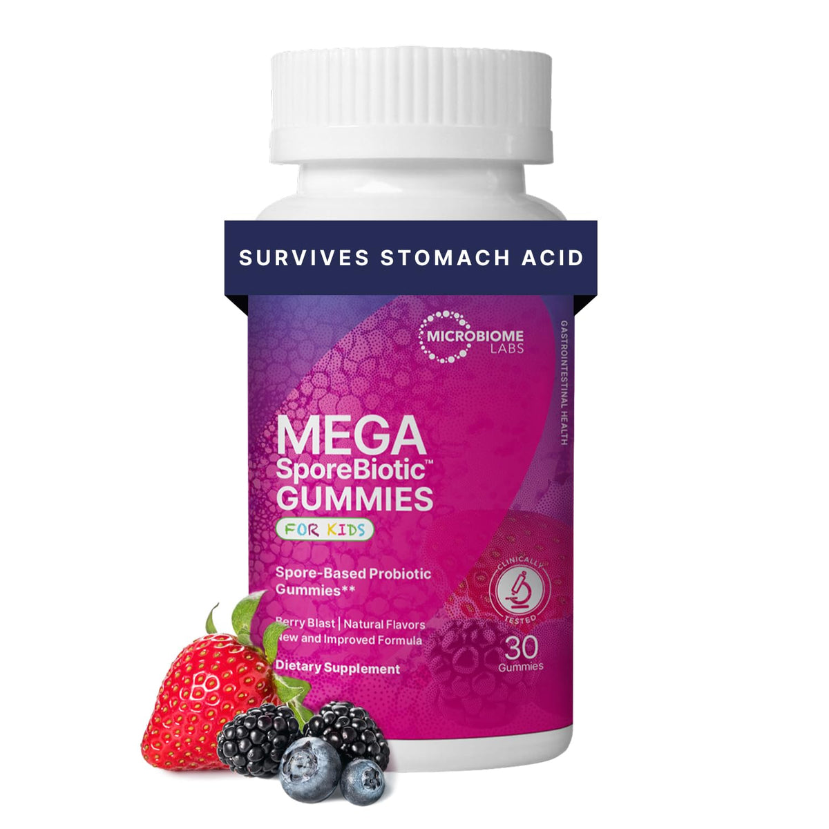 MegaSporeBiotics Kids bottle front showing berry gummies for kid-friendly gut health