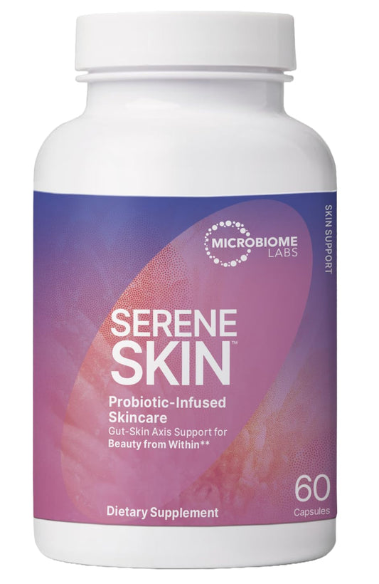 Microbiome Labs SereneSkin bottle close-up for daily probiotic skin support