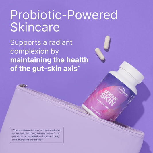 Microbiome Labs SereneSkin capsules pack showing convenient daily capsules
