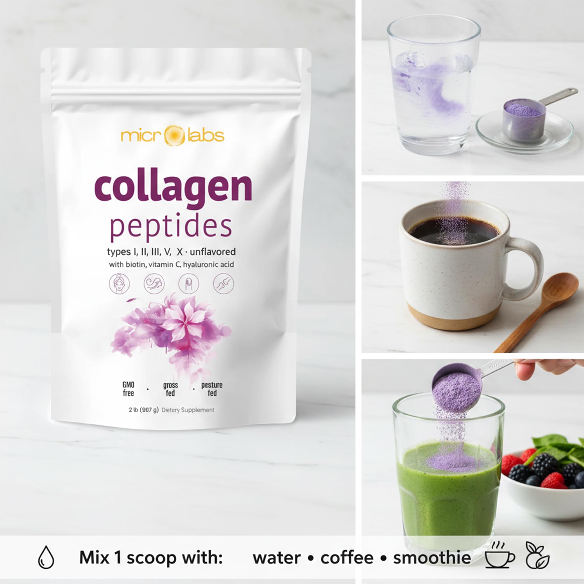 MICROLABS Unflavored collagen powder blends into coffee, smoothies, or water.