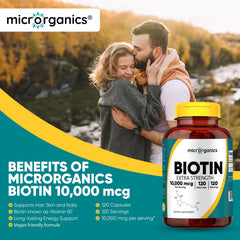 MICRORGANICS Biotin label close-up highlighting vegan, non-GMO ingredients