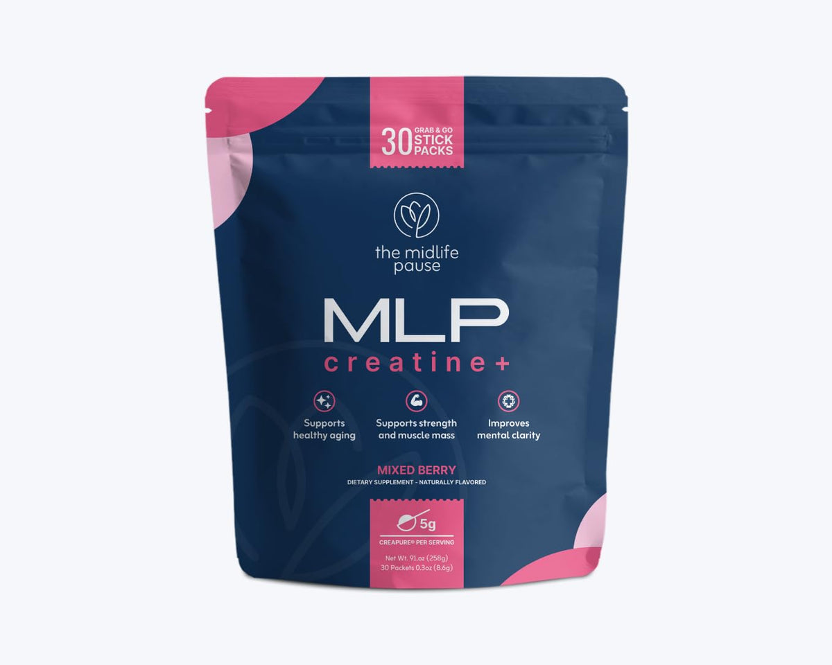 The Midlife Pause creatine powder bottle highlights purity and potency for lean muscle support.