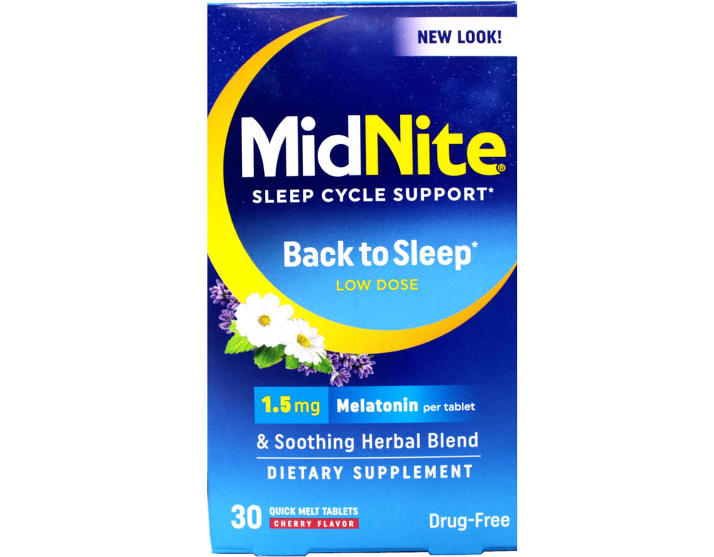 MidNite Sleep Cycle Support quick melt tablets close-up with fast-dissolve cherry flavor.