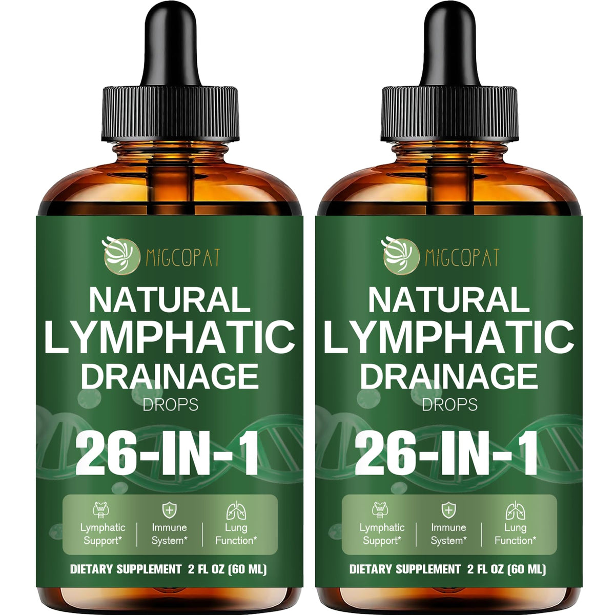 Migcopat 26-in-1 liposomal bottle front label with detox and immune support.