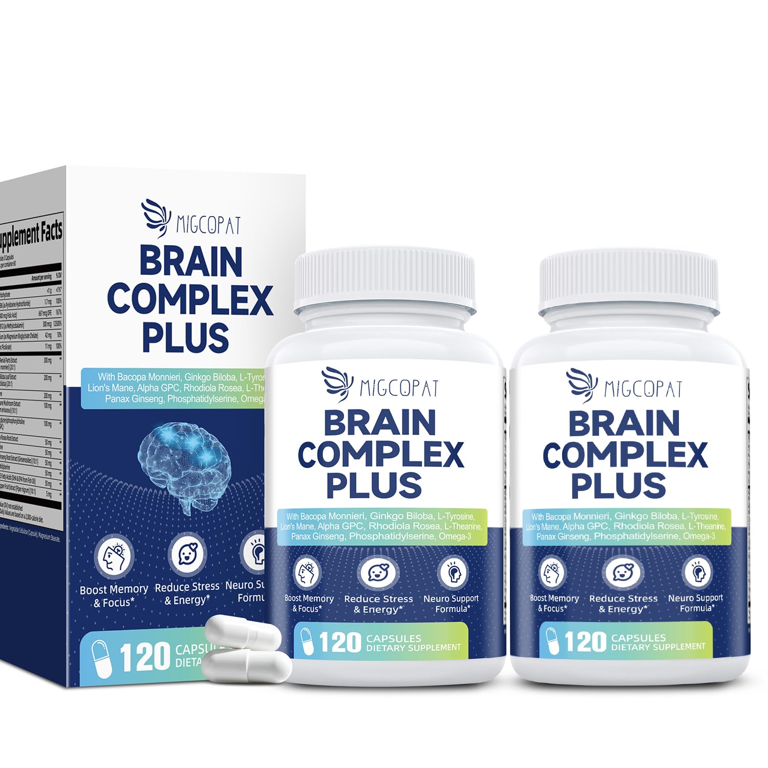 Migcopat brain supplement bottle with 2-pack display for daily focus