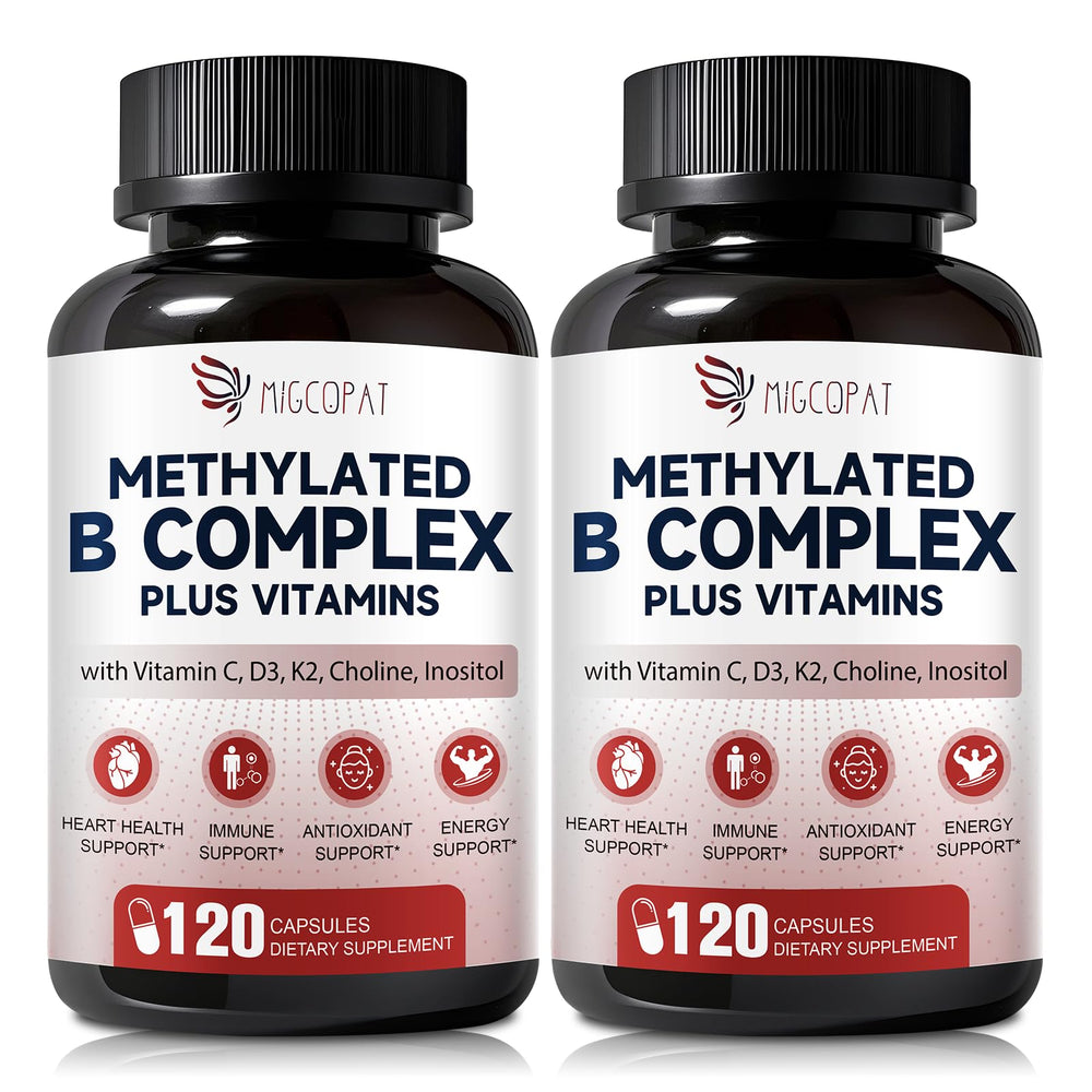 Migcopat bottle front shows high-potency methylated B complex for daily energy.