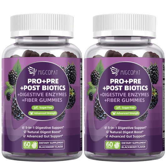 Migcopat bottle-front shows a daily probiotic gummy package for gut support