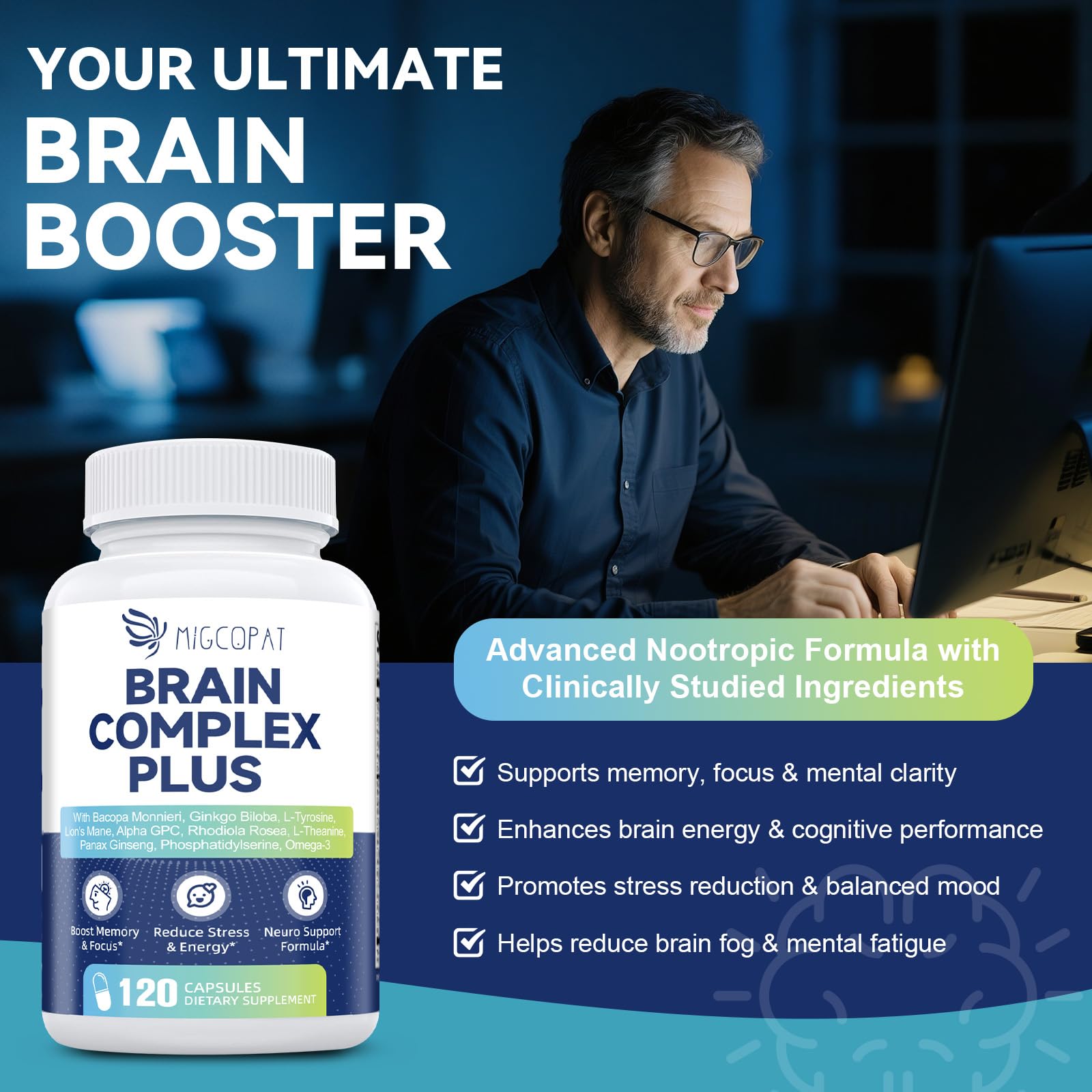 Migcopat capsules pouring into hand for mental clarity use