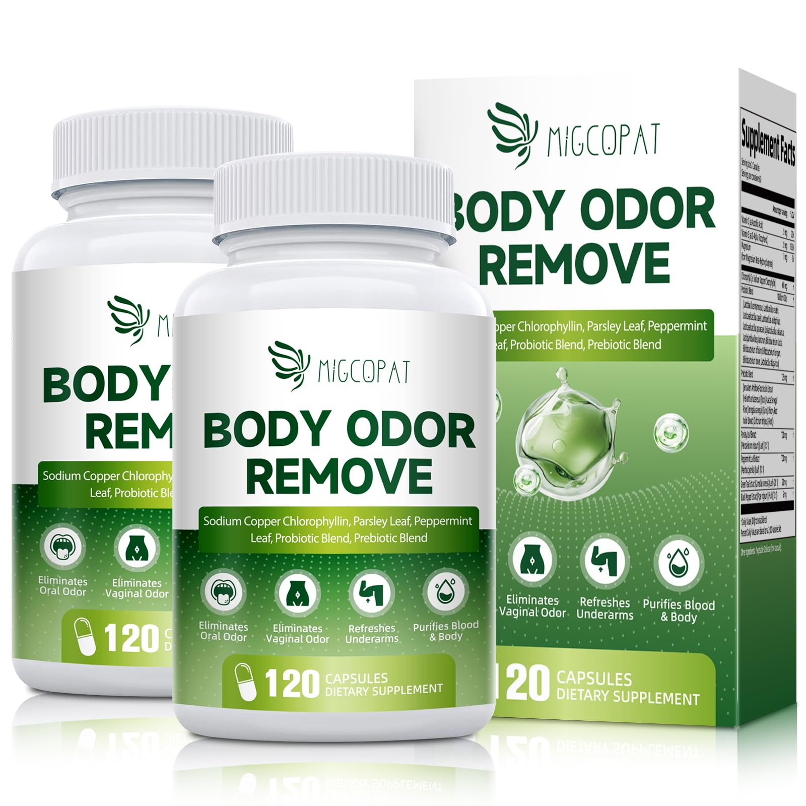 Migcopat chlorophyll body deodorizing supplement bottle showing a sixty day supply for internal freshness
