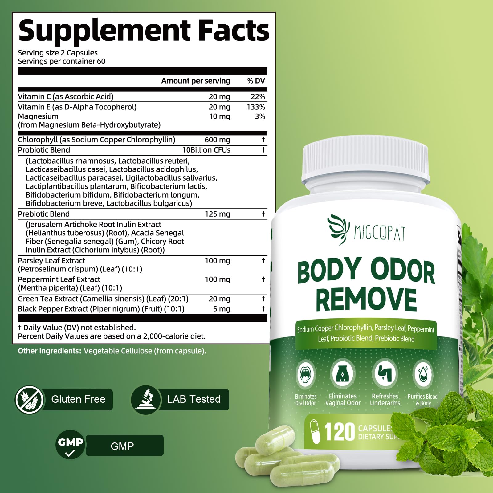 Migcopat chlorophyll capsules closeup highlighting easy-to-swallow daily use