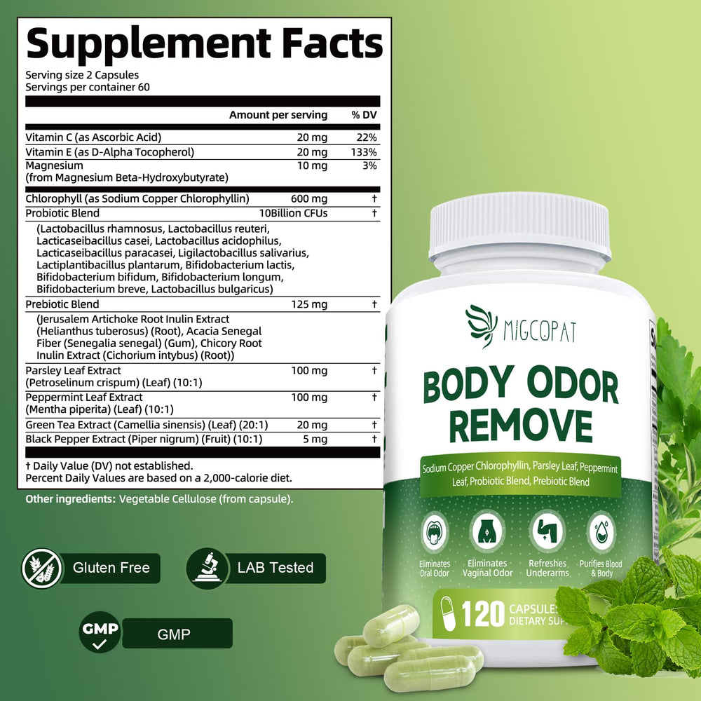 Migcopat chlorophyll capsules closeup highlighting easy-to-swallow daily use