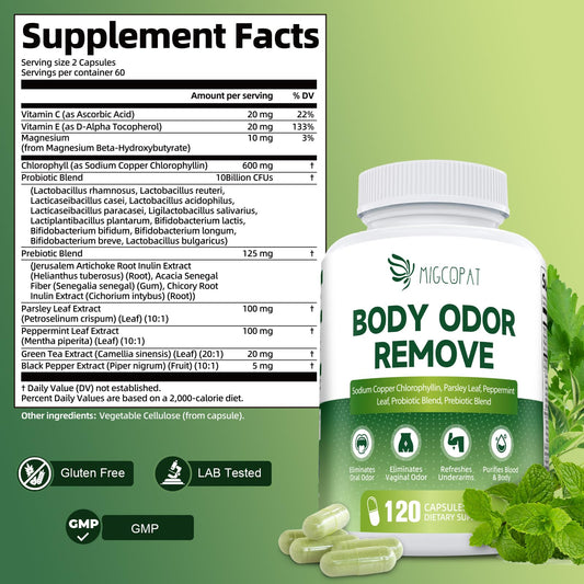 Migcopat chlorophyll capsules closeup highlighting easy-to-swallow daily use