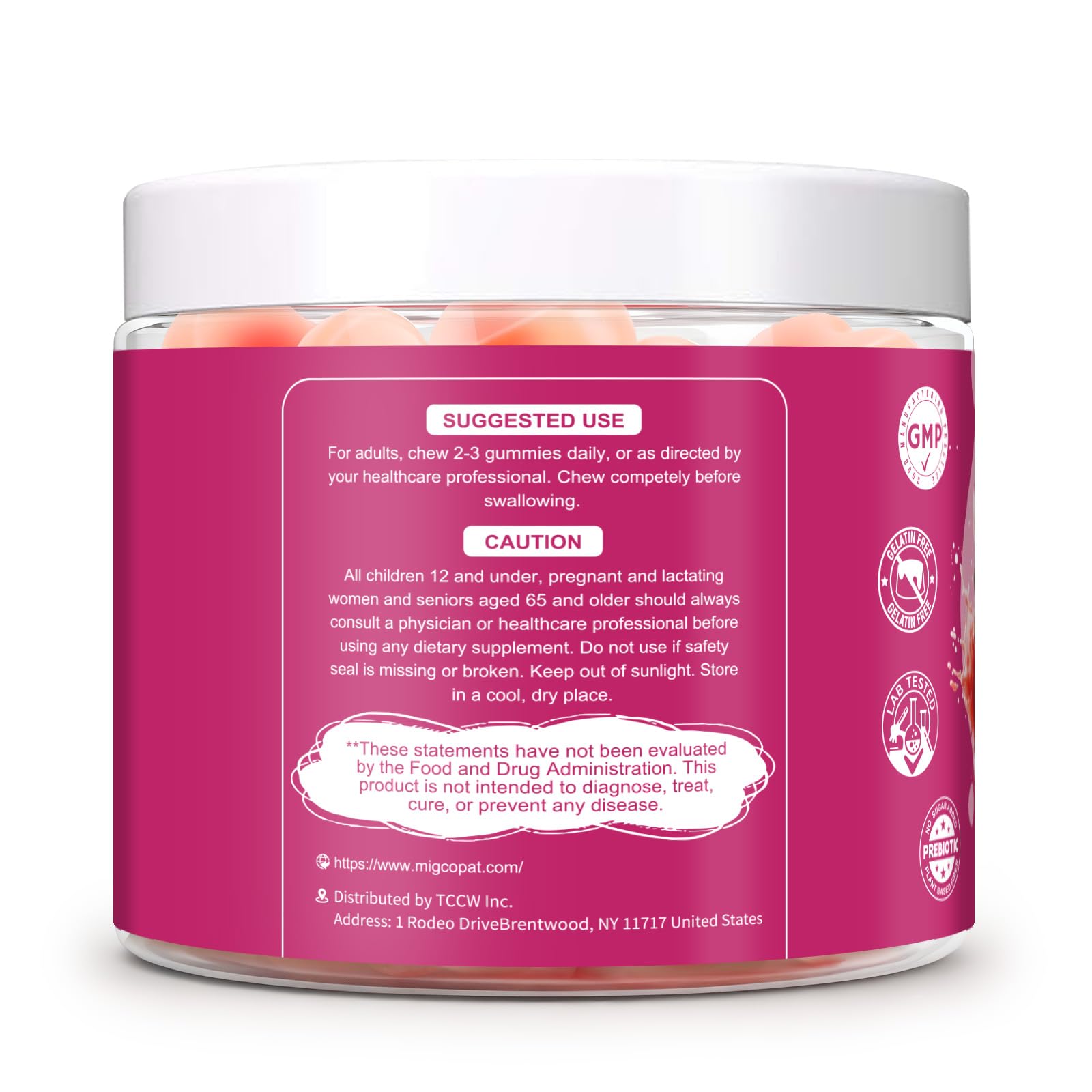 Migcopat allergen-friendly gummies scene showing mindful wellness packaging