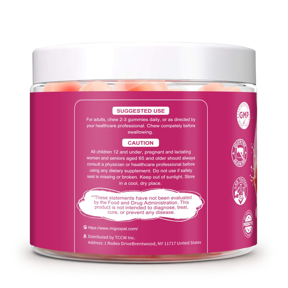 Migcopat allergen-friendly gummies scene showing mindful wellness packaging