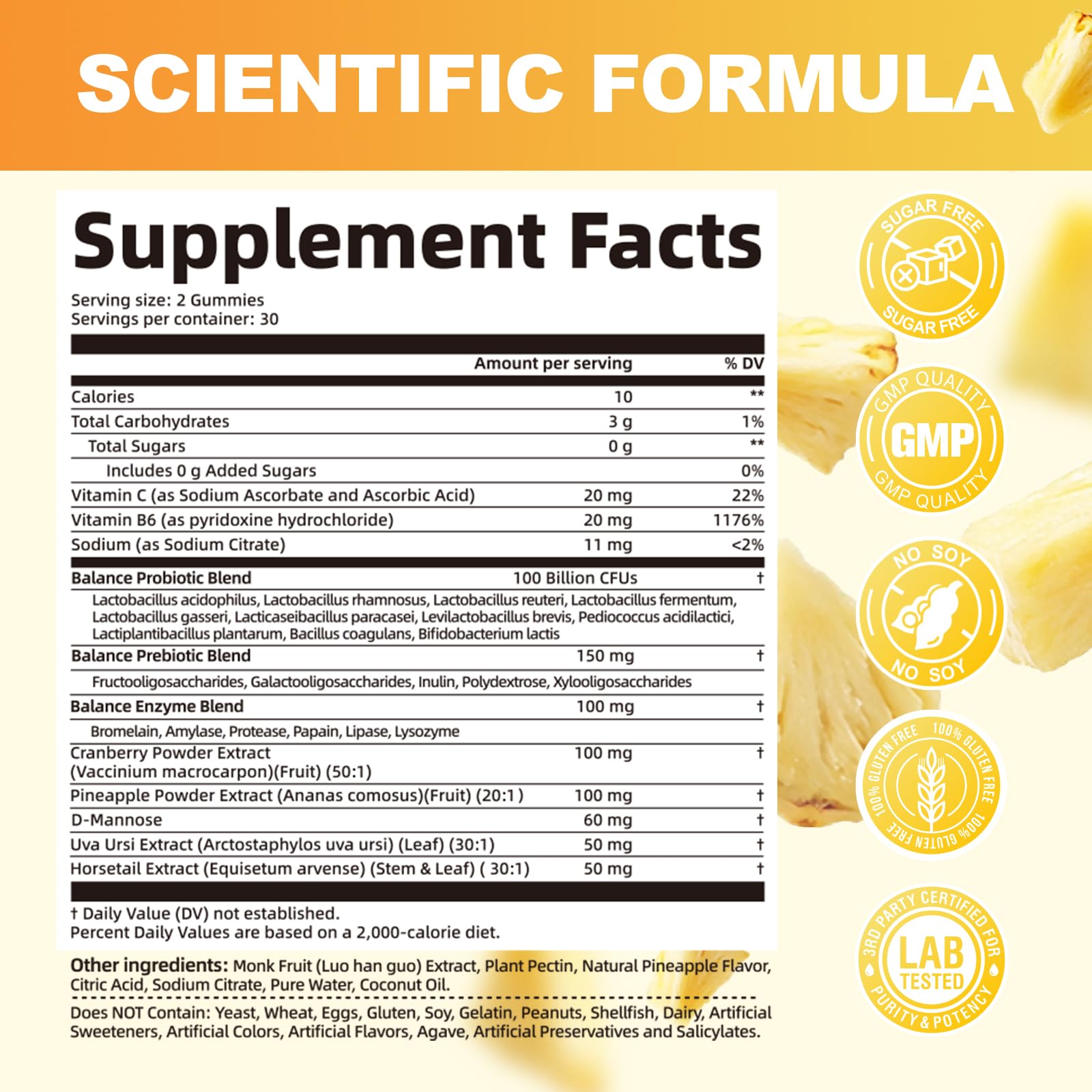 Label close-up shows probiotic and enzyme blend for daily balance