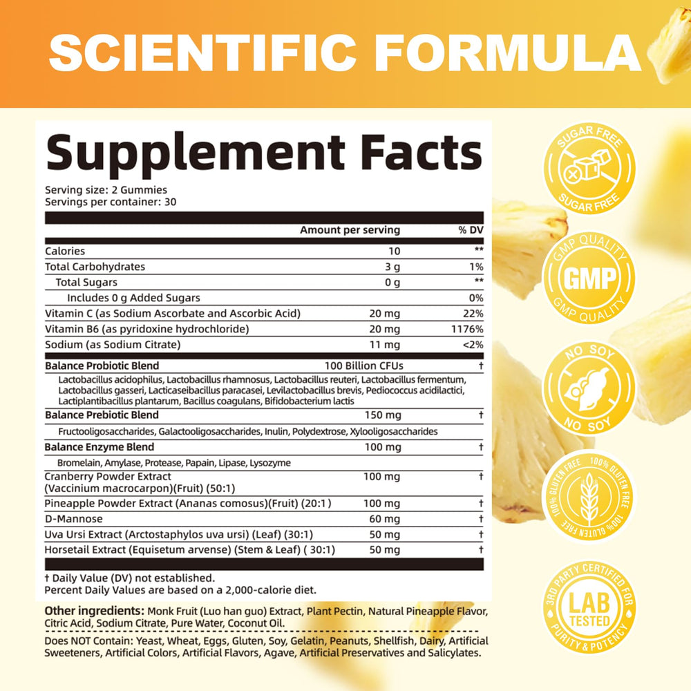 Label close-up shows probiotic and enzyme blend for daily balance