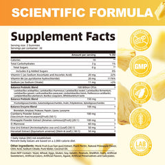 Label close-up shows probiotic and enzyme blend for daily balance