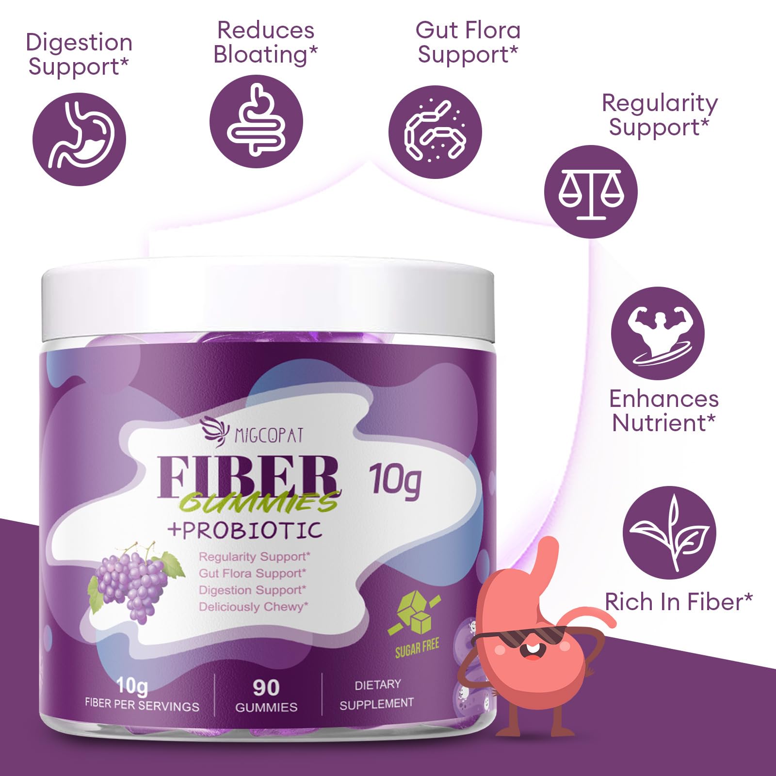 Migcopat probiotic gummies jar illustrates 30B CFU probiotic blend.
