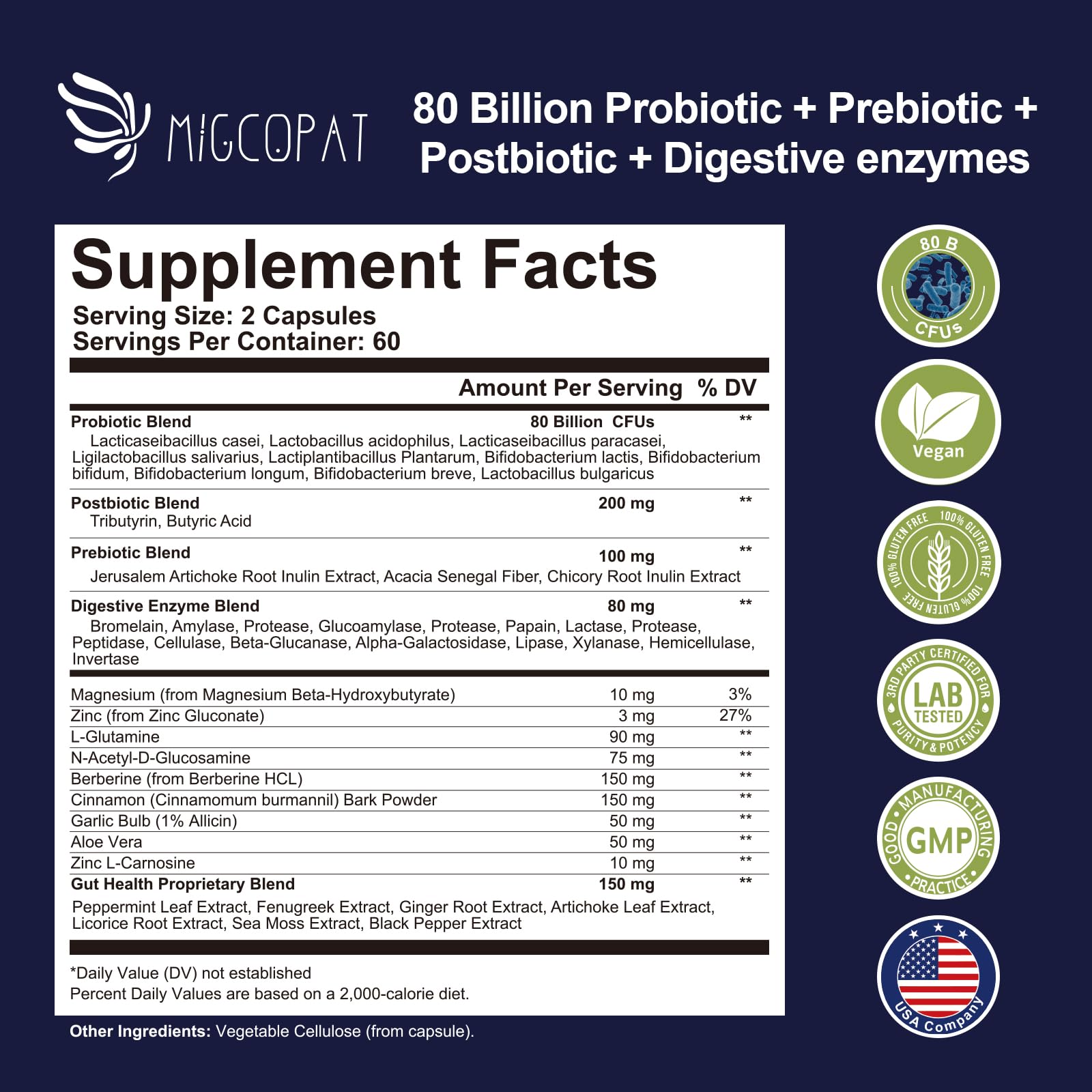 Migcopat Probiotics 4-in-1 synbiotic formula for holistic support.