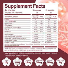 Migcopat apple-flavored gummies bottle back with ingredients and probiotic blend for gut balance