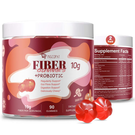 Migcopat apple-flavored sugar-free fiber gummies bottle front showing daily fiber support