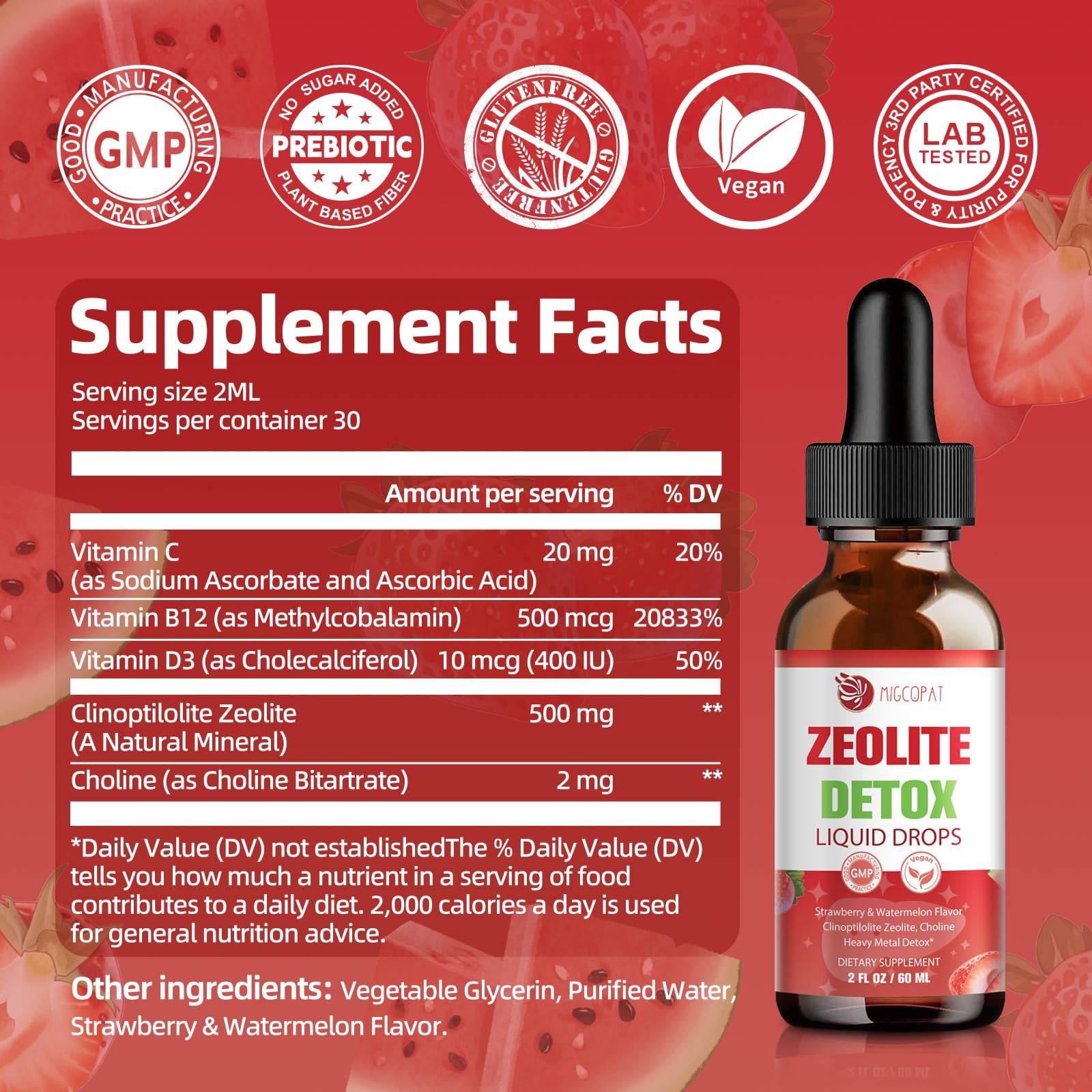Label highlights B12 and D3 on Migcopat Zeolite Detox