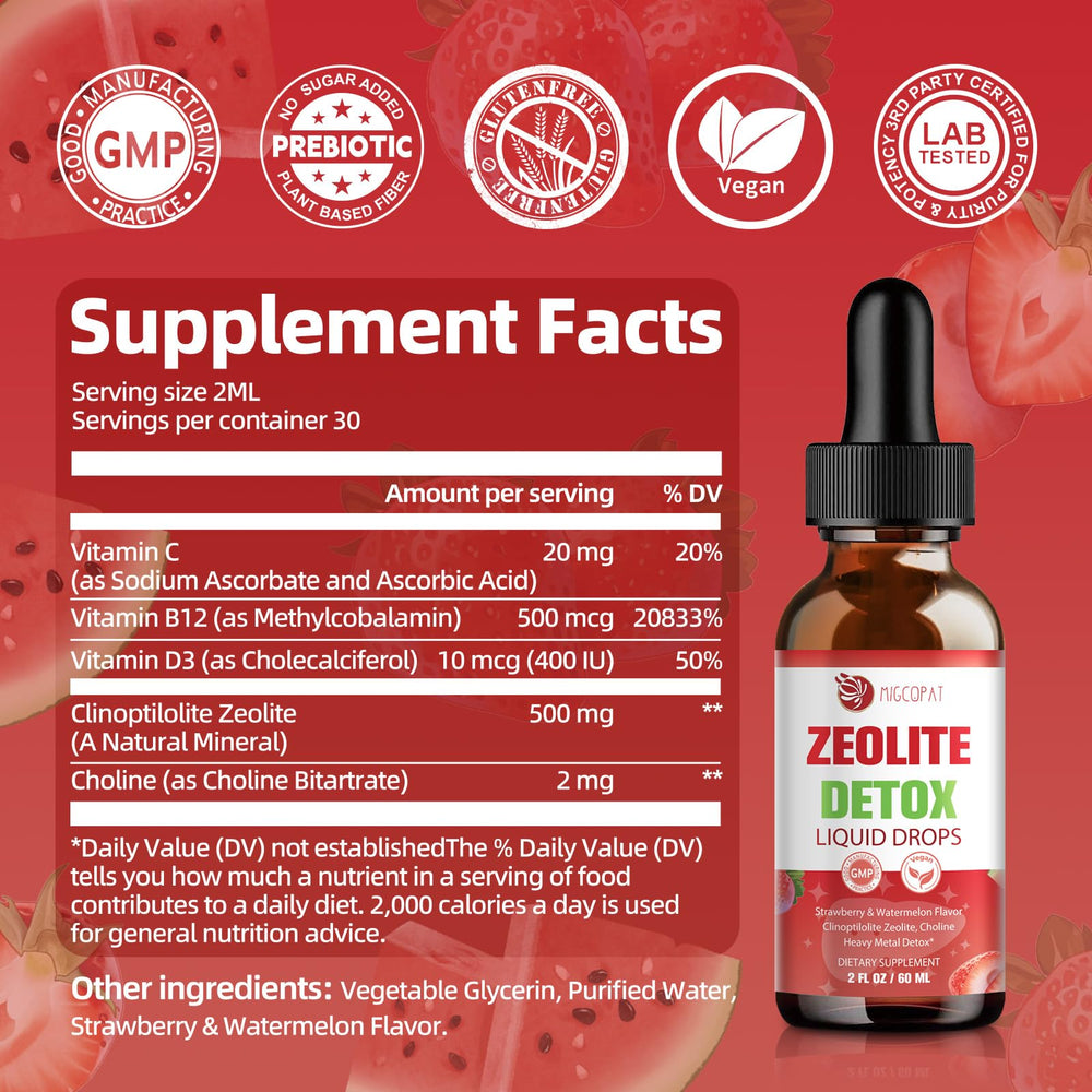 Label highlights B12 and D3 on Migcopat Zeolite Detox